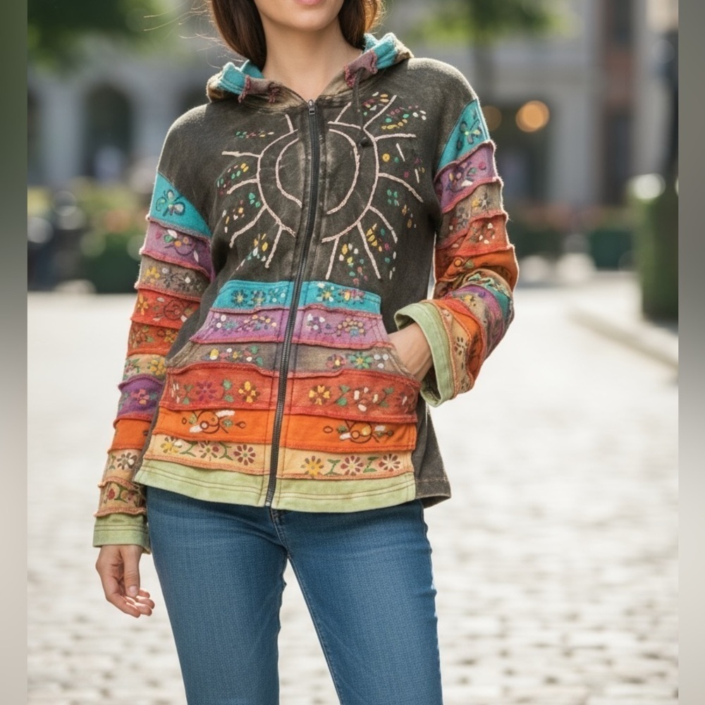 Rising International Patchwork Embroidered Zip Up Hoodie Boho
